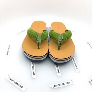 NWOB Tory Burch Platform Flip Flops Orange with Green Suede Straps Size 7